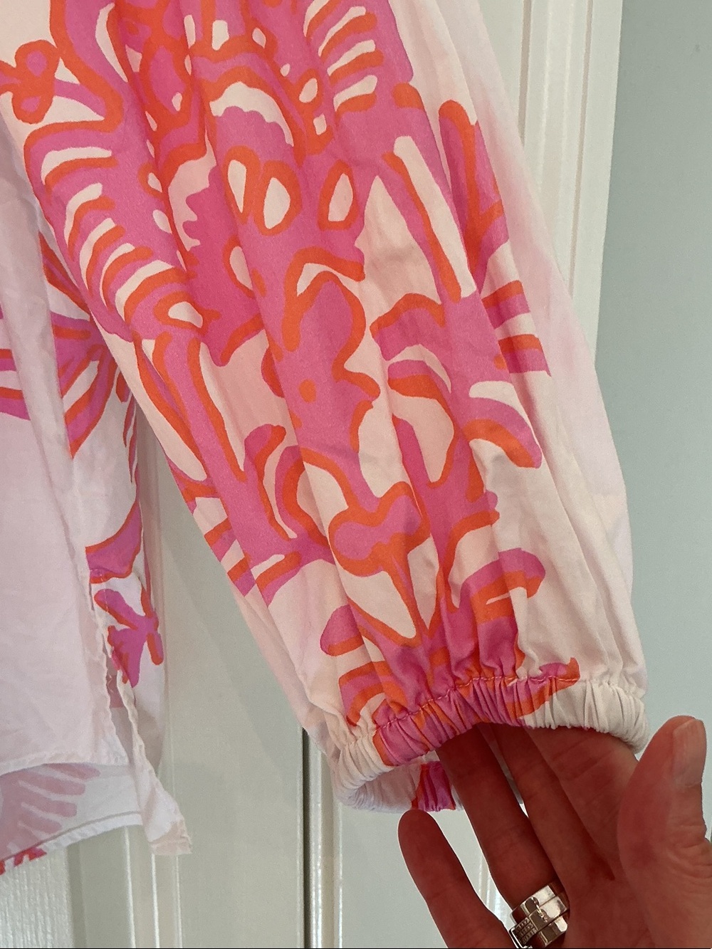 PATTY KIM White Top with Pink and Orange Fun Print Size Medium - Picture 3 of 5